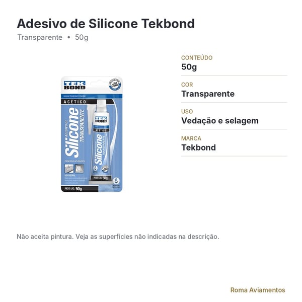 Adesivo de Silicone Acético Tekbond Transparente 50g - ficha técnica