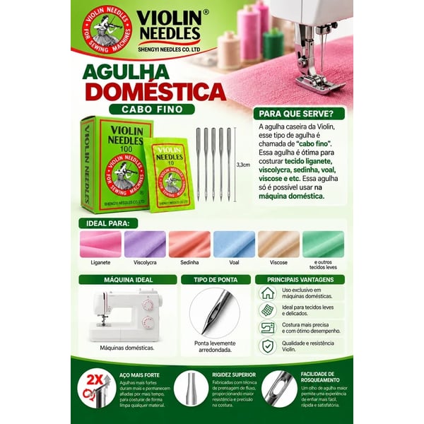 Agulha doméstica Violin HAX1 cabo fino para liganete, viscolycra, sedinha, voal e viscose