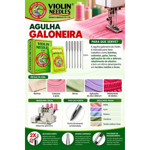 Agulha galoneira Violin DVX63 para bainhas, golas, barras, viés e elástico em malha e lycra