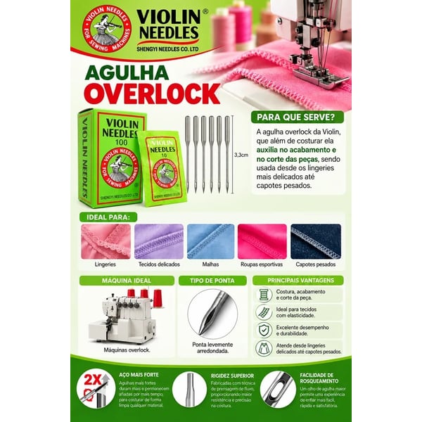 Agulha overlock Violin DCX27 caixa com 100 para costura, acabamento e corte de malhas e lingeries