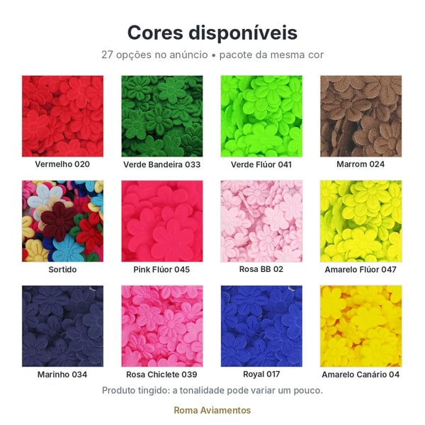 Cores disponíveis: Aplique Flor Ultra 18mm pacote com 1000 unidades