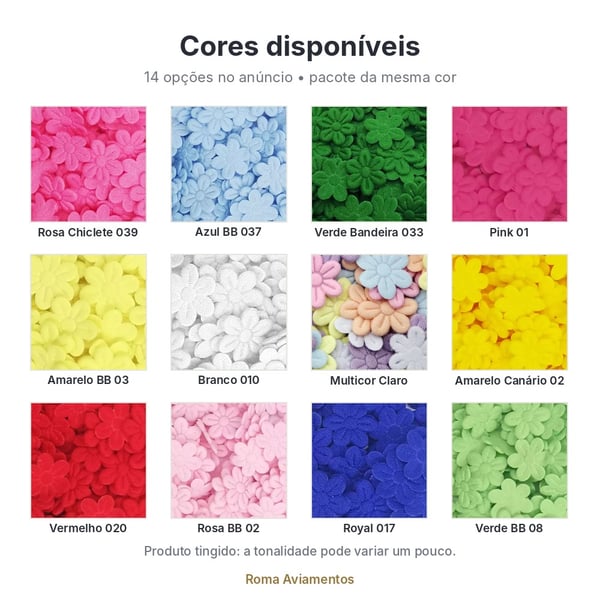 Cores disponíveis: Aplique Flor Ultra 18mm pacote com 100 unidades