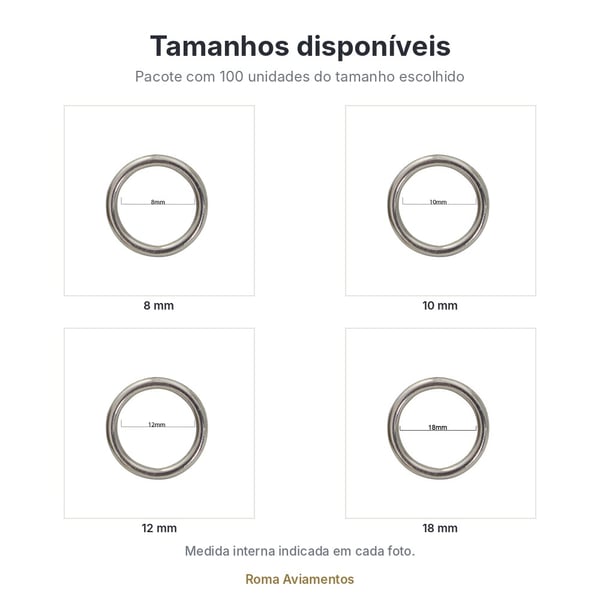 Tamanhos disponíveis: Argola de metal E301 niquelada 100 unidades 8, 10, 12 e 18mm