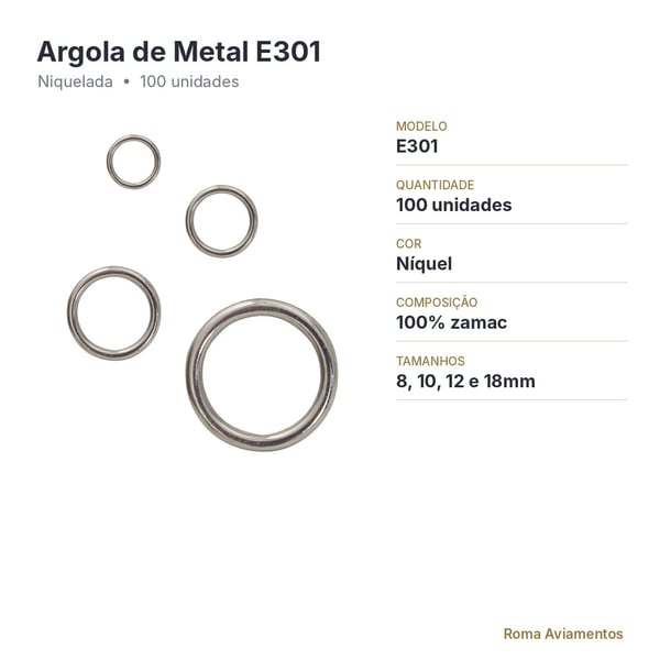 Ficha técnica: Argola de metal E301 niquelada 100 unidades