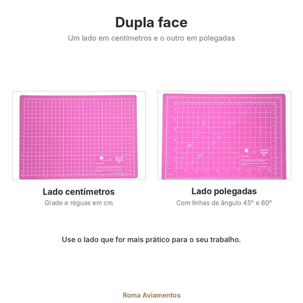 Base de corte A4 dupla face: lado em centímetros e lado em polegadas
