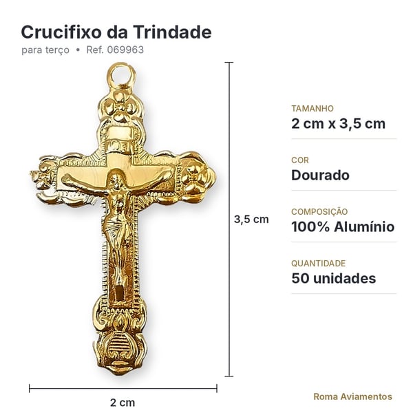 Ficha técnica crucifixo da Trindade 2x3,5cm dourado alumínio