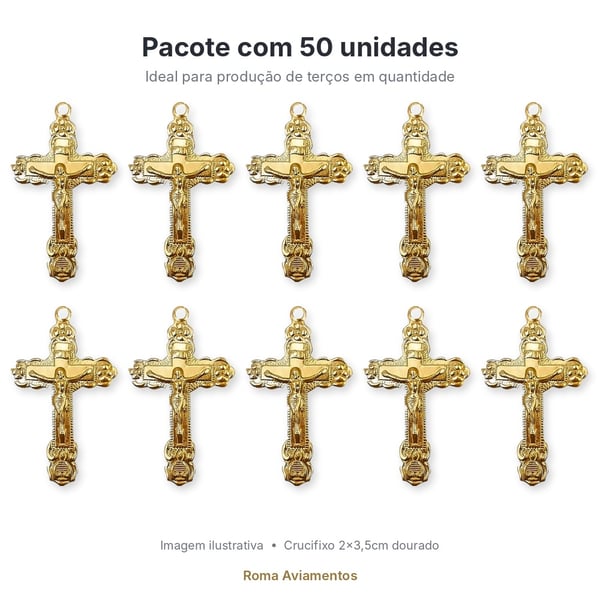 Pacote com 50 crucifixos da Trindade para terço dourado 3,5cm