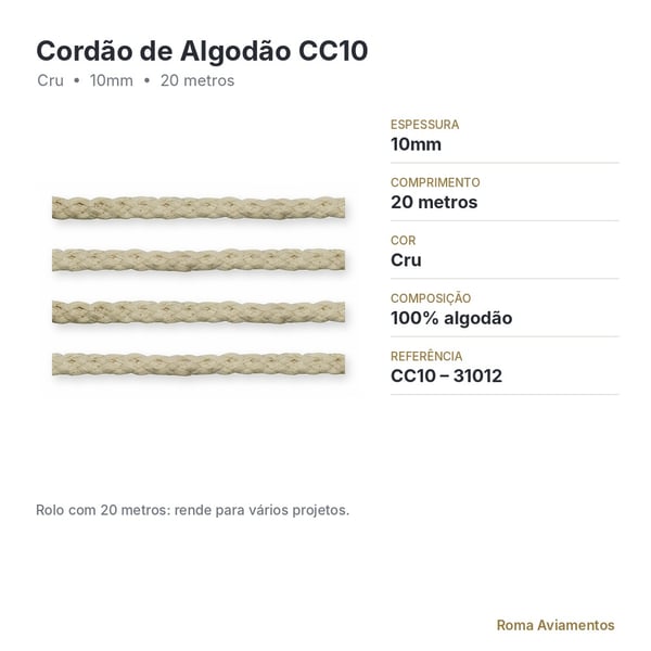 Cordão de Algodão Cru CC10 10mm 20 metros - ficha técnica