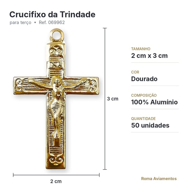 Ficha técnica crucifixo da Trindade 2x3cm dourado alumínio