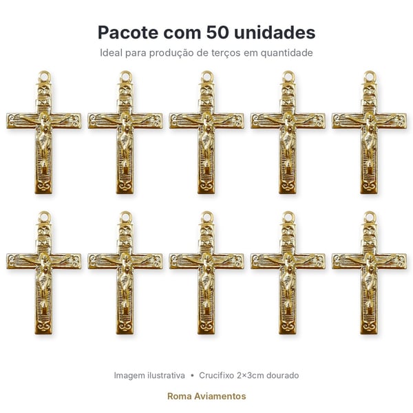 Pacote com 50 crucifixos da Trindade para terço dourado