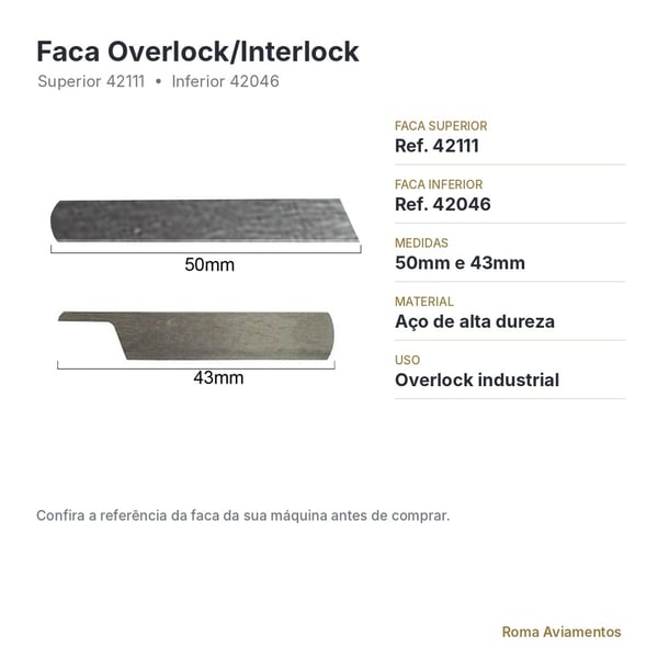 Faca de Overlock e Interlock Superior e Inferior - ficha técnica