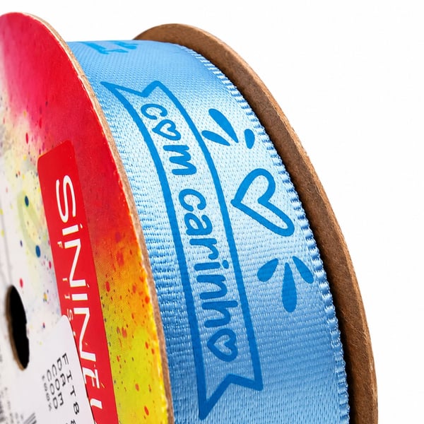Fita Cetim Estampada Com Carinho Sinimbu cor Azul C03 22mm rolo 10 metros