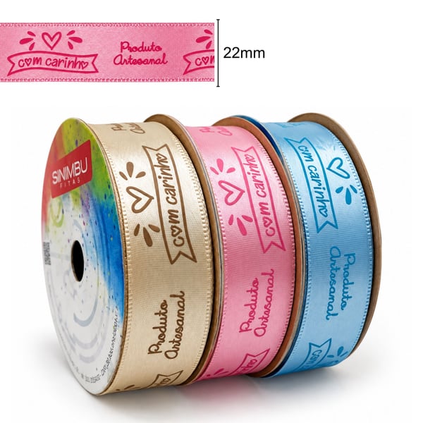 Fita Cetim Estampada Com Carinho Sinimbu - 3 cores Azul Marfim Rosa 22mm rolo 10 metros