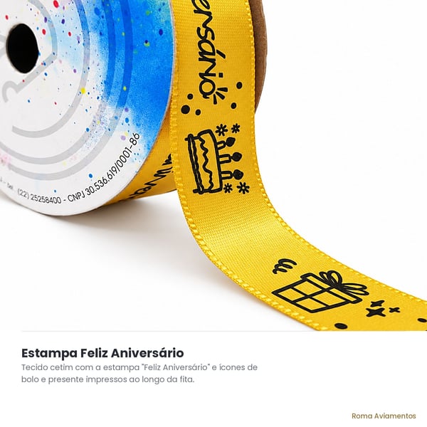 Detalhe da estampa Feliz Aniversário da Fita Cetim Sinimbu 22mm