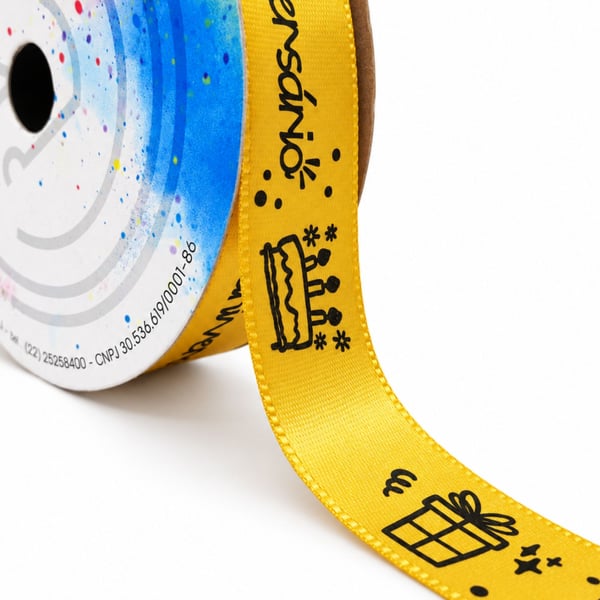 Fita Cetim Estampada Feliz Aniversário Sinimbu cor Ouro 011 C03 22mm rolo 10 metros