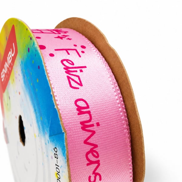 Fita Cetim Estampada Feliz Aniversário Sinimbu cor Rosa 177 C01 22mm rolo 10 metros