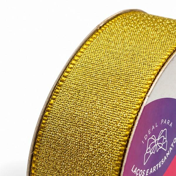 Fita Cetim com Lurex Ouro Cinderela cor Dourado 55 22mm rolo 10 metros