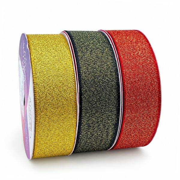 Fita Cetim com Lurex Ouro Cinderela - 3 cores Dourado Preto Vermelho 22mm rolo 10 metros
