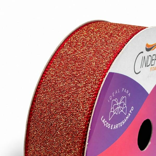 Fita Cetim com Lurex Ouro Cinderela cor Vermelho 08 22mm rolo 10 metros