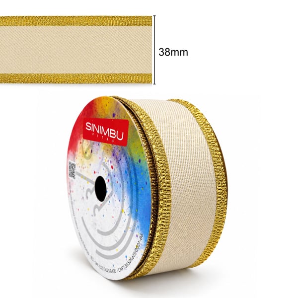 Fita Decorada Aramada Dourado Creme 1918 largura 38mm