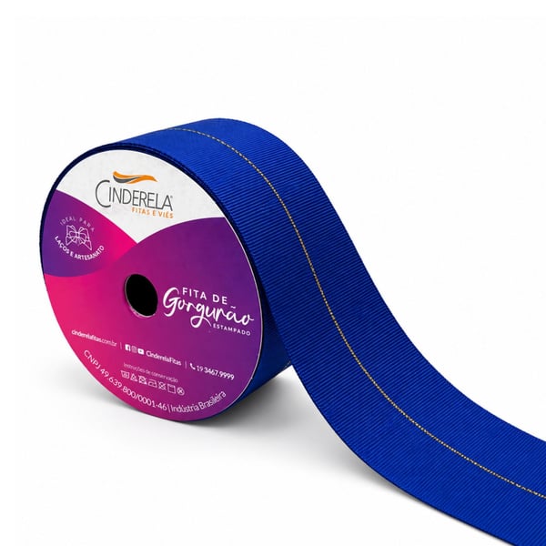 Fita Gorgurão Linha Dourada Cinderela cor Azul BB 10 38mm rolo 10 metros