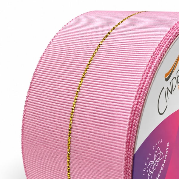 Fita Gorgurão Linha Dourada Cinderela cor Pink 38mm rolo 10 metros
