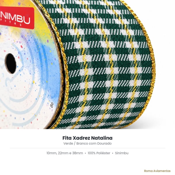 Fita Xadrez Natalina Verde com Dourado Sinimbu - detalhe do padrão xadrez com fio dourado