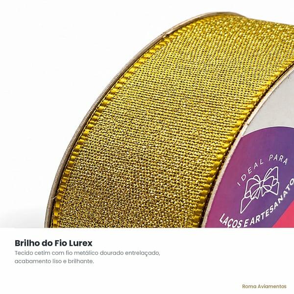 Detalhe do fio lurex dourado da Fita Cetim com Lurex Ouro Cinderela 22mm