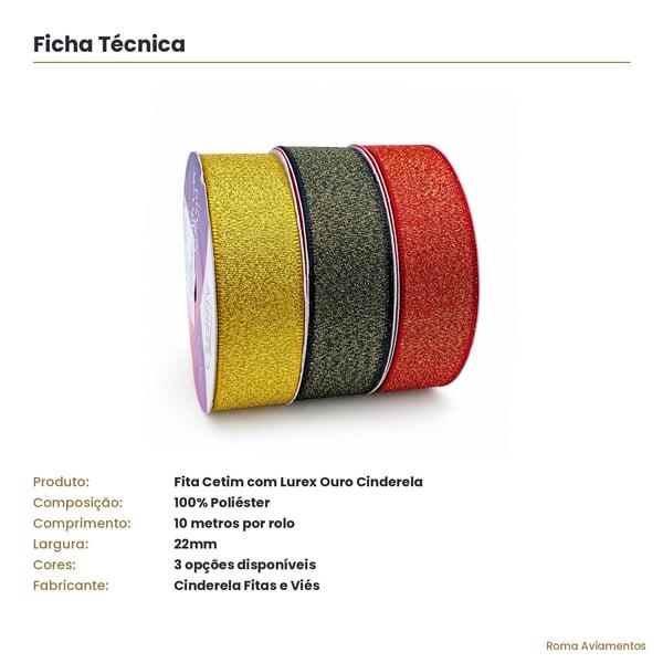 Ficha técnica Fita Cetim com Lurex Ouro Cinderela 22mm rolo 10 metros