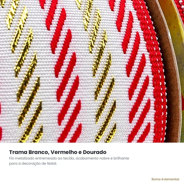 Detalhe trama Branco Vermelho Dourado Fita Natal Sinimbu