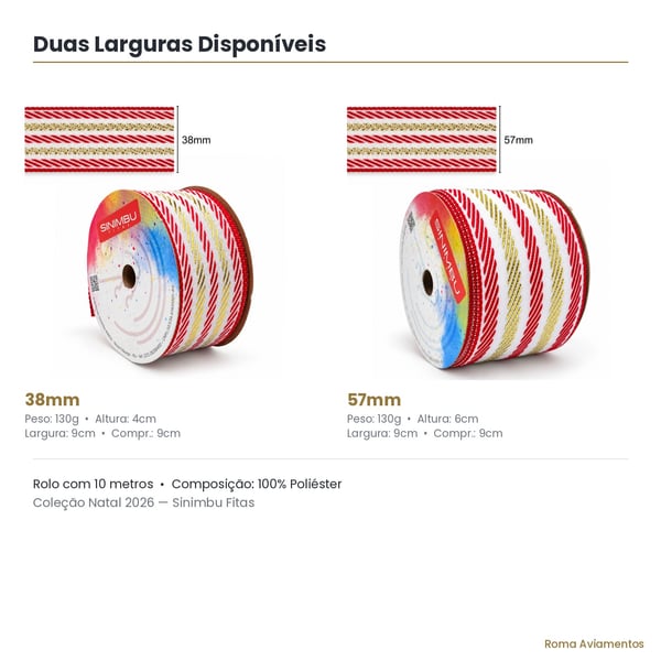 Comparativo larguras Fita Natal Sinimbu Branco Vermelho Dourado 38mm e 57mm