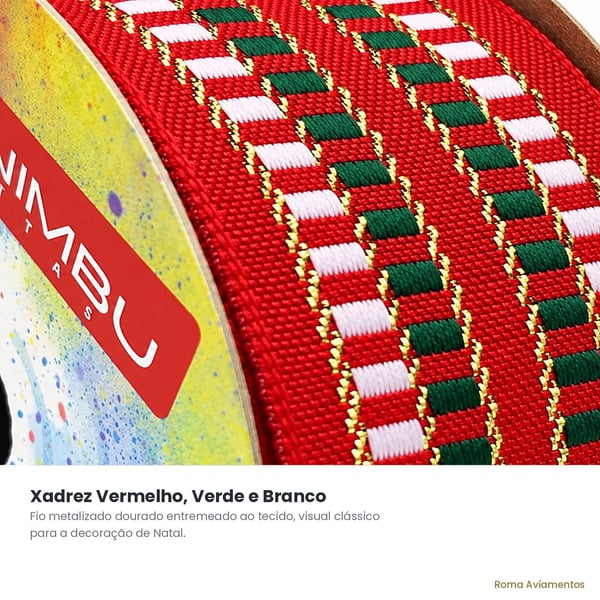 Fita Natal Sinimbu detalhe textura xadrez Vermelho Verde Branco Dourado fio metalizado