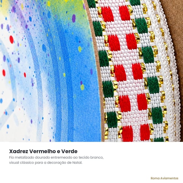 Fita Natal Sinimbu Xadrez detalhe textura Branco Verde Vermelho Dourado fio metalizado