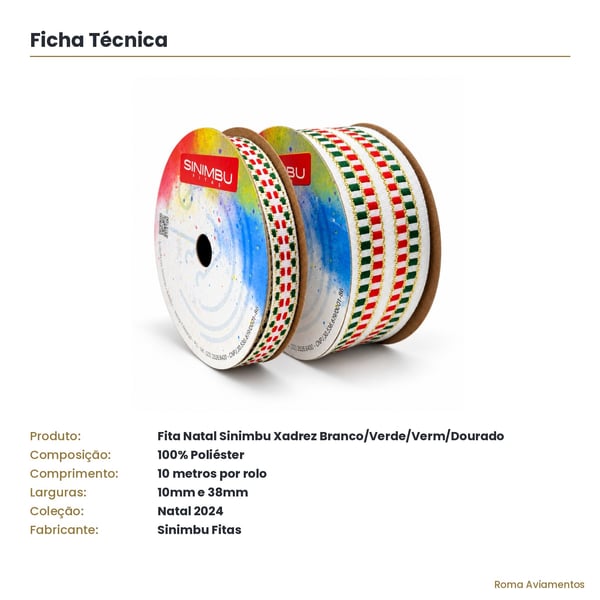 Ficha tecnica Fita Natal Sinimbu Xadrez Branco Verde Vermelho Dourado 100% poliester