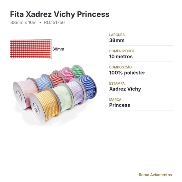 Ficha técnica: Fita xadrez Vichy Princess 38mm x 10m
