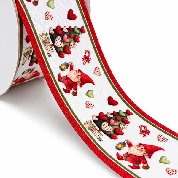 Fita Natal Princess Gnomo e Corações 38mm - detalhe da estampa