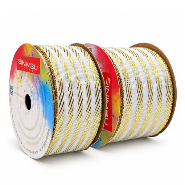 Fita Natal Sinimbu Branco Dourado 10m rolos 38mm e 57mm