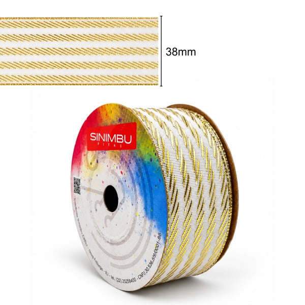 Fita Natal Sinimbu Branco Dourado 38mm com régua de medida