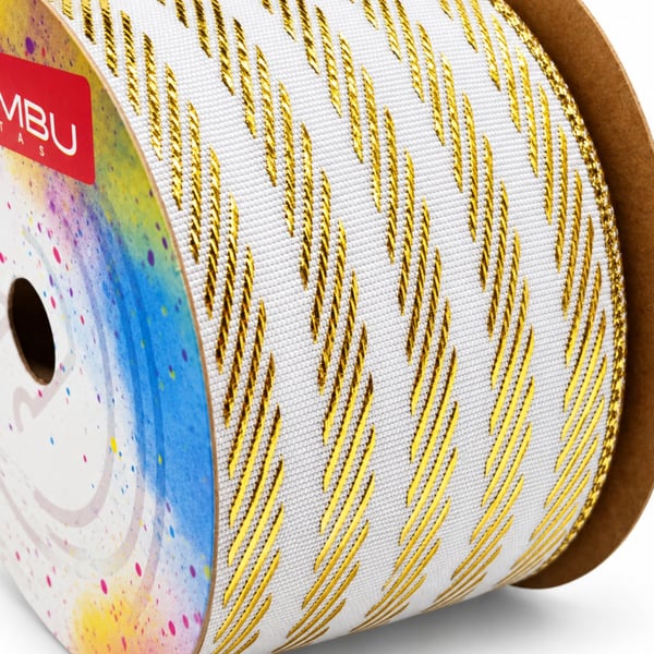Textura fio metalizado Fita Natal Sinimbu Branco Dourado