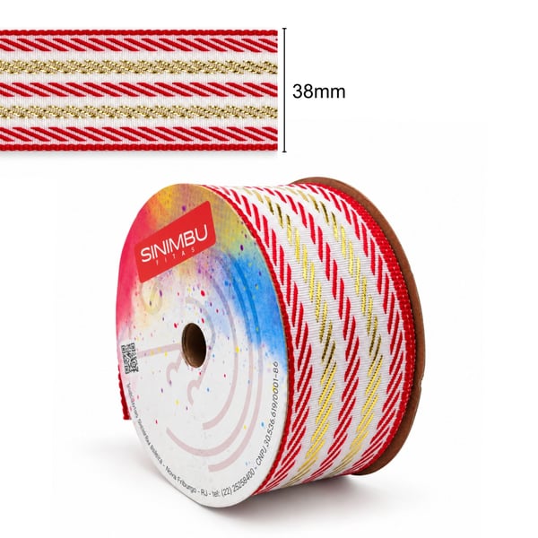 Fita Natal Sinimbu Branco Vermelho Dourado 38mm com régua de medida