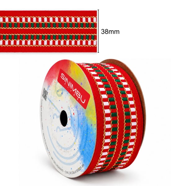 Fita Natal Sinimbu 38mm Vermelho Verde Branco Dourado rolo 10 metros