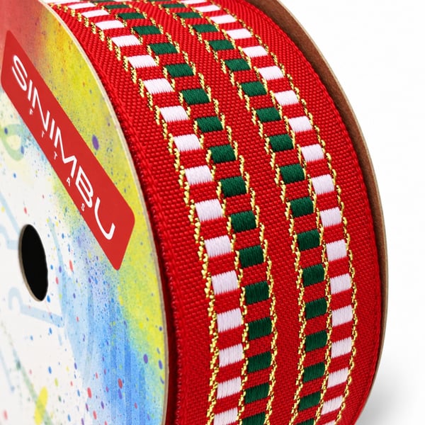 Fita Natal Sinimbu textura diagonal fio dourado Vermelho Verde Branco