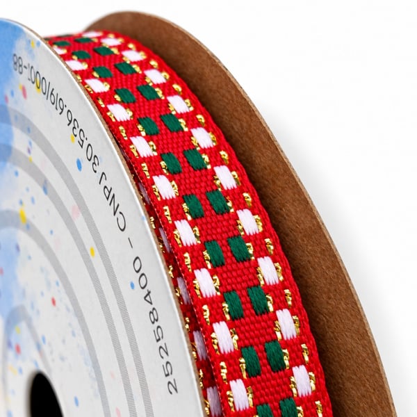 Fita Natal Sinimbu xadrez quadriculado Vermelho Verde Branco Dourado detalhe