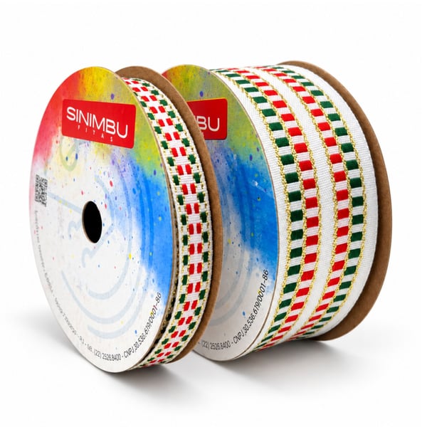 Fita Natal Sinimbu Xadrez Branco Verde Vermelho Dourado rolos 10mm e 38mm par