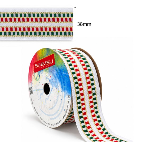 Fita Natal Sinimbu Xadrez 38mm Branco Verde Vermelho Dourado rolo 10 metros