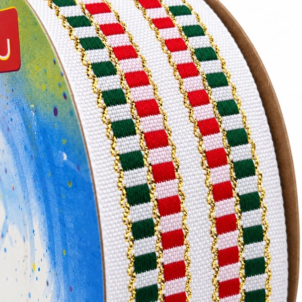 Fita Natal Sinimbu Xadrez textura diagonal fio dourado Branco Verde Vermelho