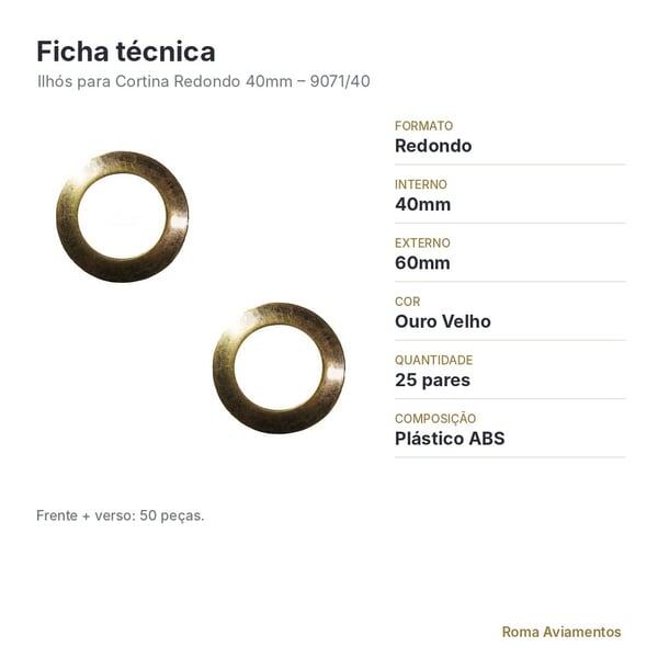 Ilhós para Cortina Redondo 40mm Ouro Velho - 25 Pares - ficha técnica