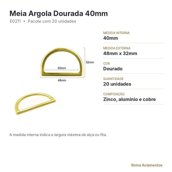 Meia Argola de Metal Dourada 40mm para Bolsa - ficha técnica