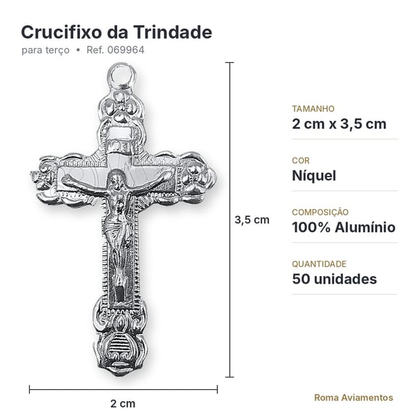 Ficha técnica crucifixo da Trindade 2x3,5cm níquel alumínio