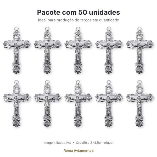 Pacote com 50 crucifixos da Trindade para terço níquel 3,5cm